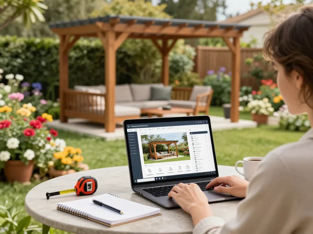 Customer using pergola configurator software in a vibrant backyard setting, visualizing custom designs with tools around.