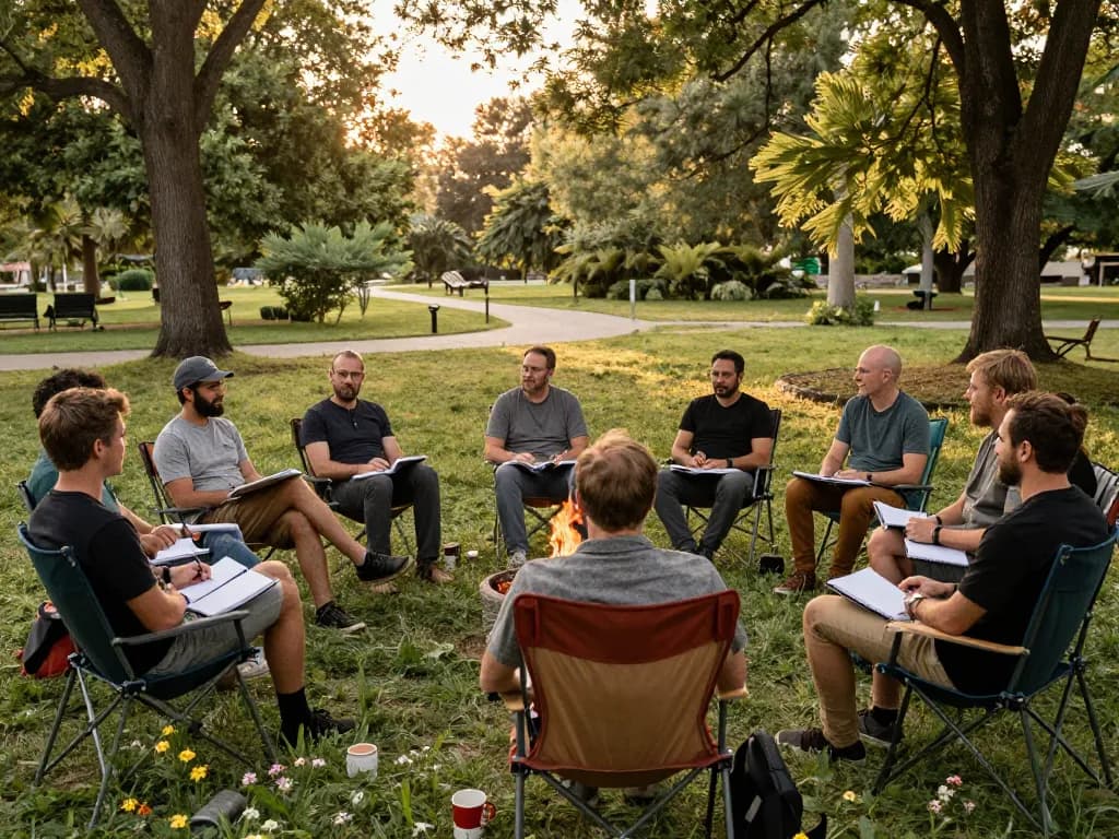 Men gathered in a park for a man club meeting, sharing stories and creating connections in a supportive atmosphere.
