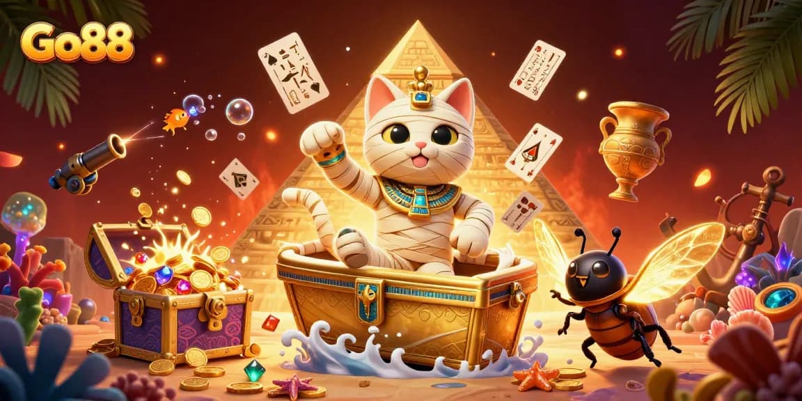 Experience thrilling action at Go88 with an Egyptian mummy cat amid vibrant casino treasures.