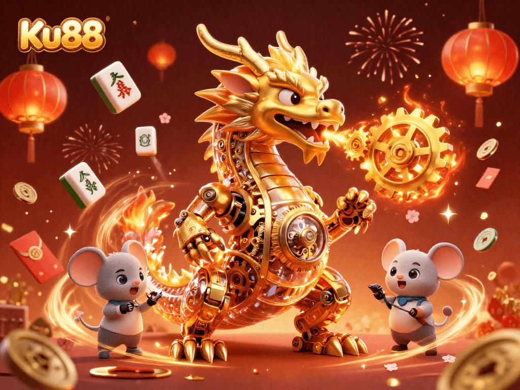 Experience the thrill of Ku88's gaming adventure with a golden dragon and engineer amidst vibrant casino elements