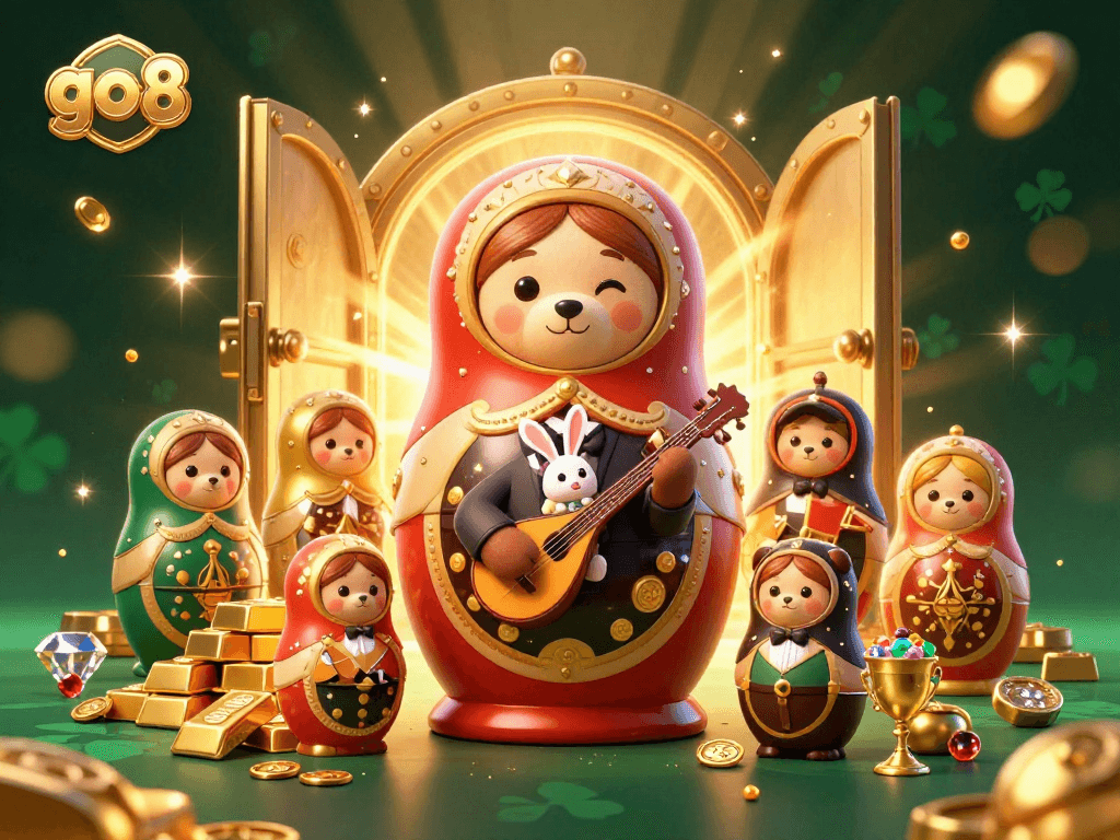 Play thrilling games at go8 while enjoying a vibrant casino atmosphere with cartoon bears and gold treasures.