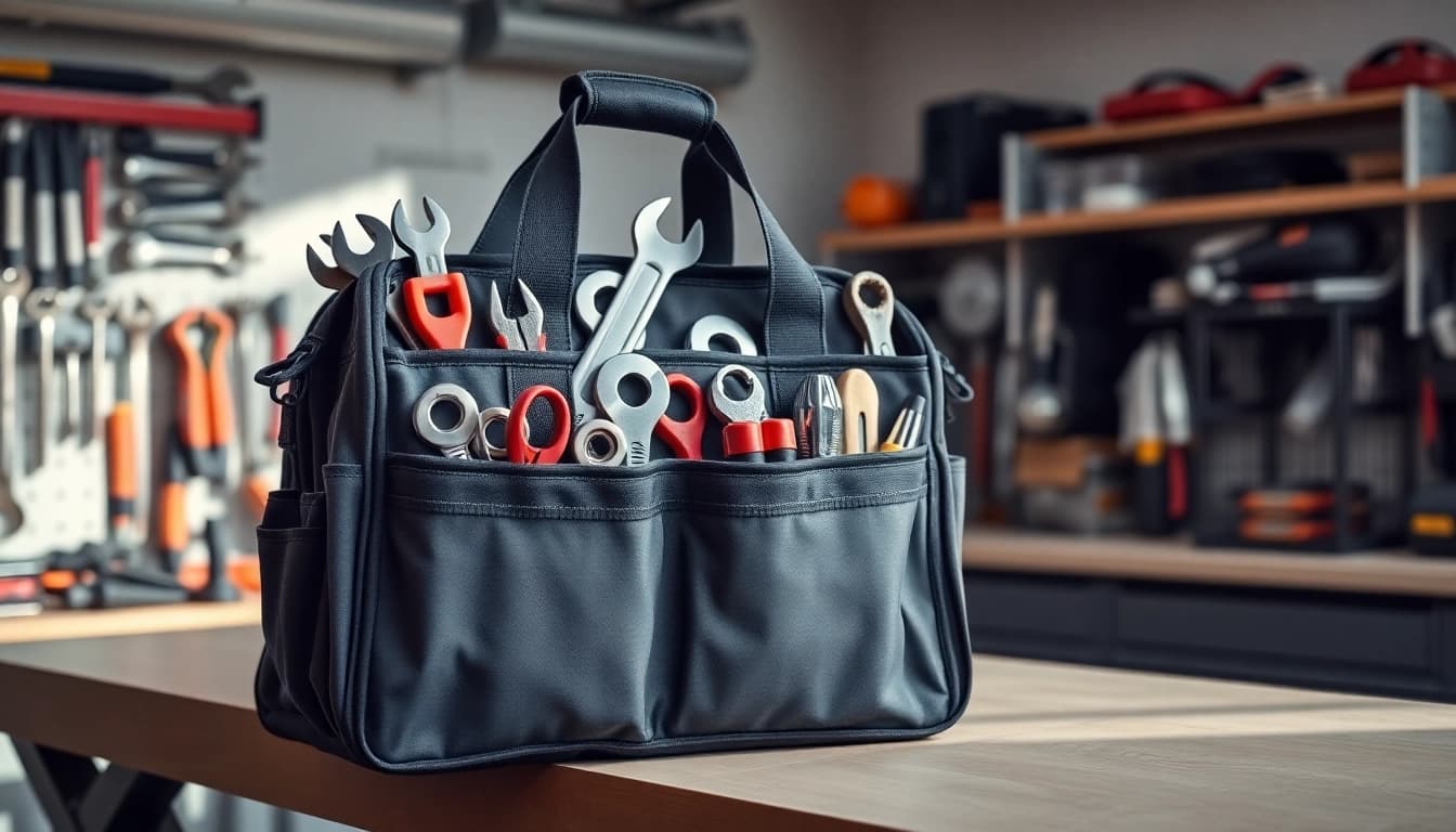 Borsa porta attrezzi professionale piena di attrezzi in un laboratorio ordinato.