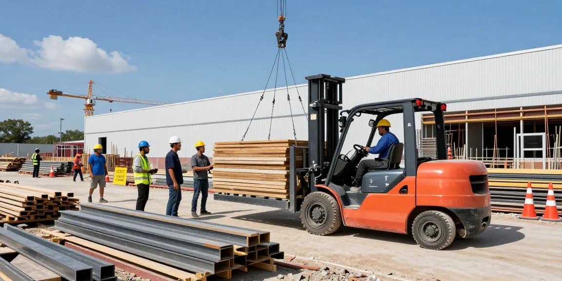 Electric forklift lifting materials at a busy construction site.