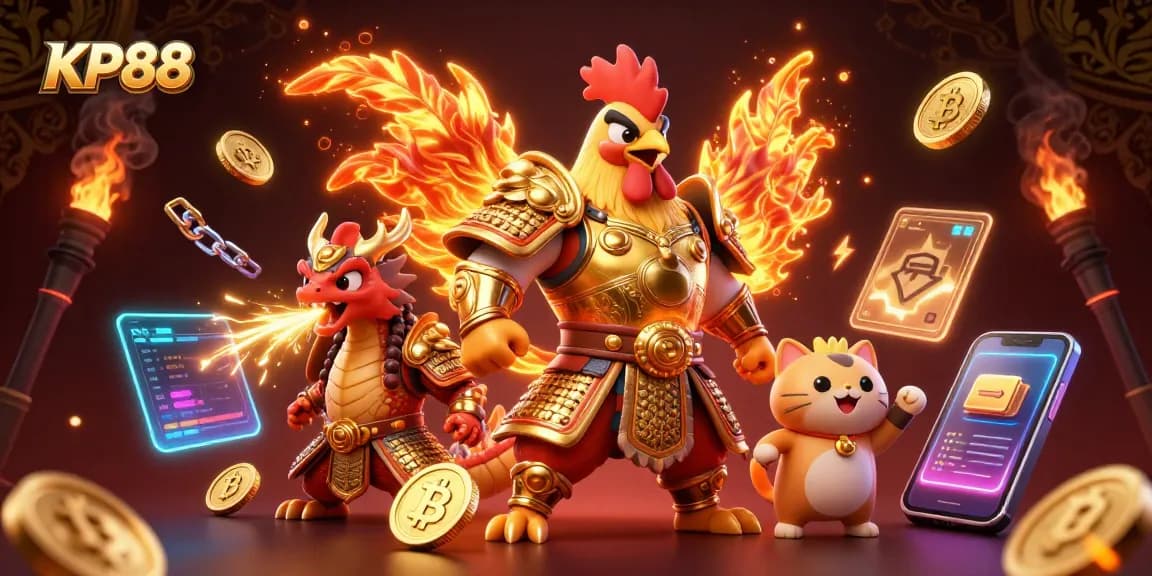 Experience the excitement at KP88, where a rooster warrior and dragon hatchling spark gambling thrills.