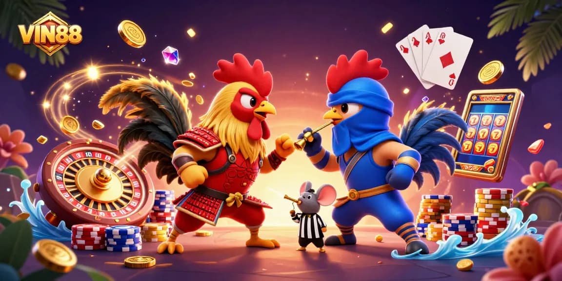 Engage with thrilling action at VIN88 featuring dynamic roosters in a casino showdown.