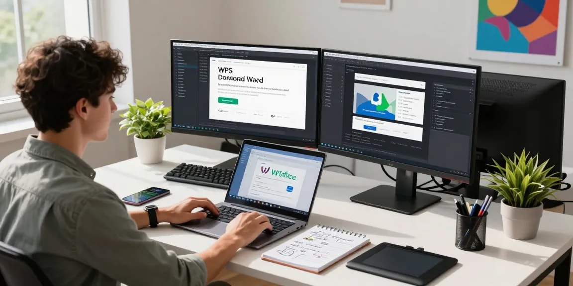 WPS Download software showcased on monitors in a modern tech office environment, highlighting office productivity tools.