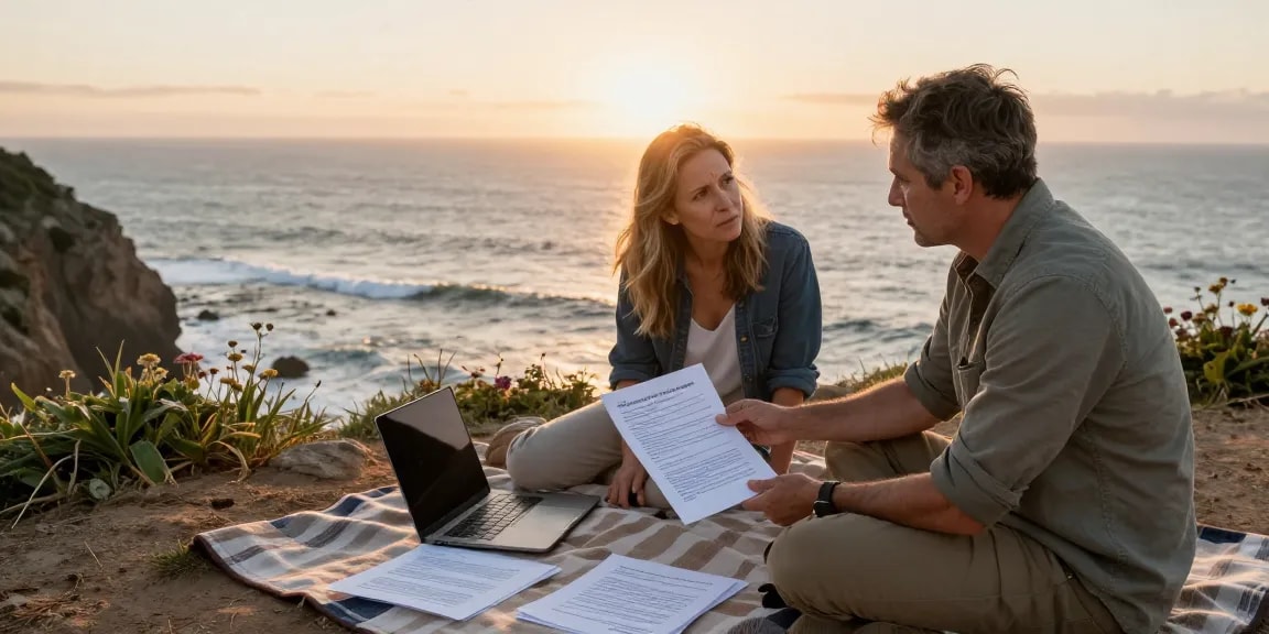 Couple discussing effective strategies on how to get rid of a timeshare with legal documents outdoors.