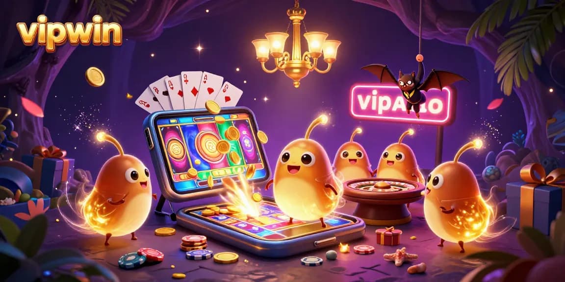 Experience vipwin's vibrant casino atmosphere with glowworms and a bat dealer in a delightful 3D illustration.