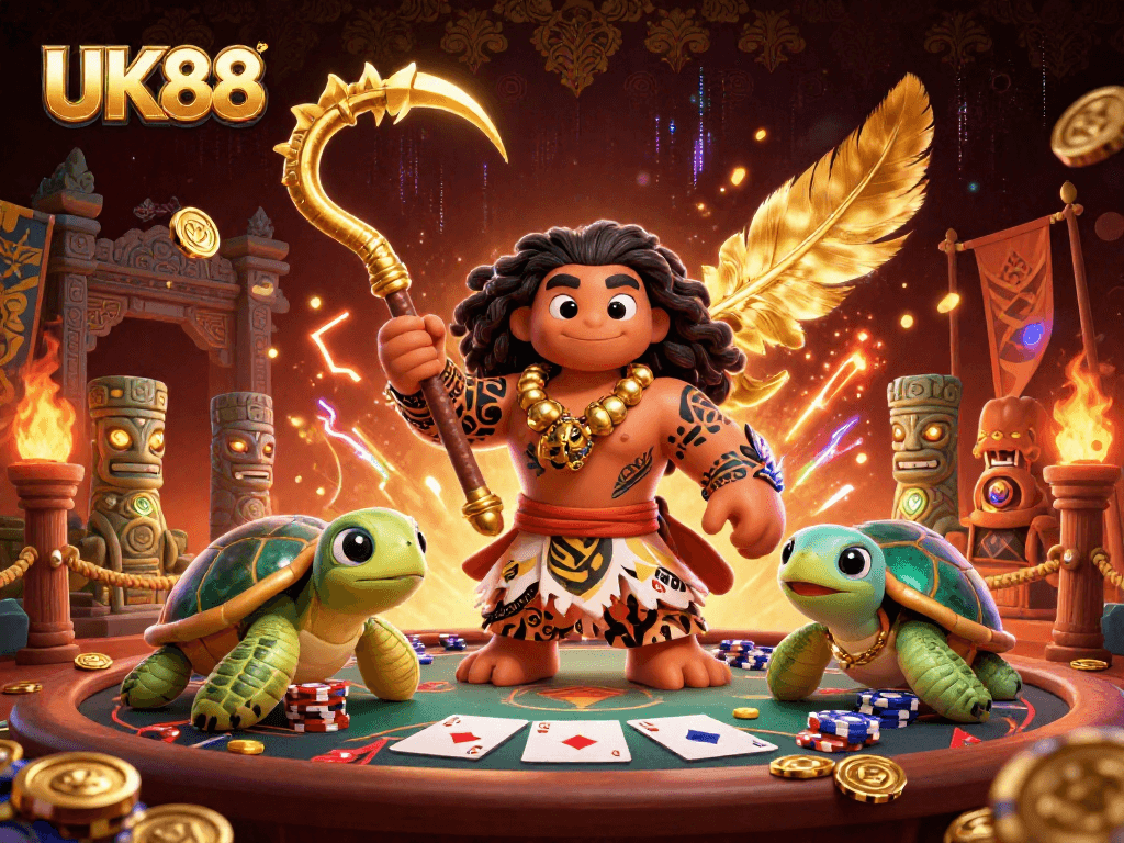 Engage in thrilling casino gameplay at UK88 with a dynamic cartoon scene illustrating poker excitement.
