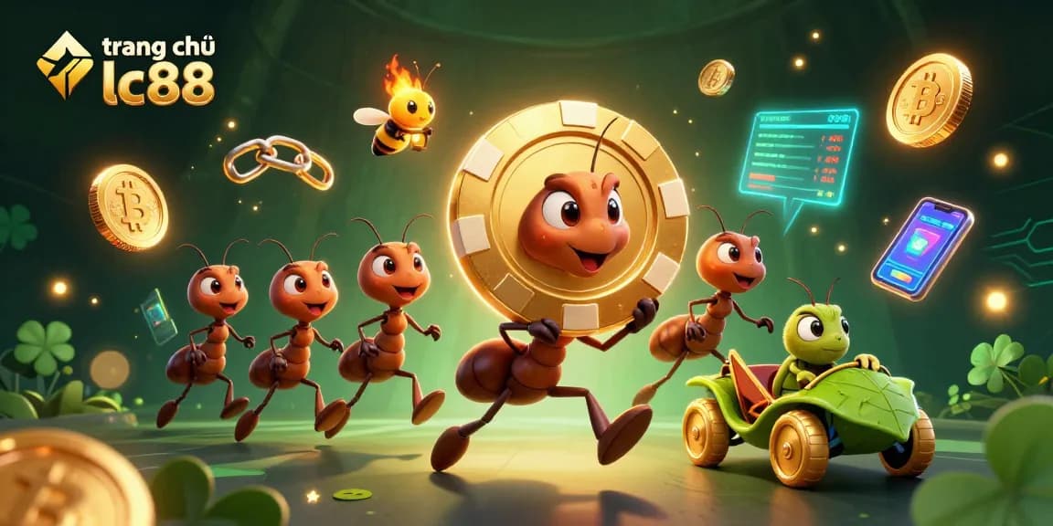 Engage with the vibrant scene of trang chủ lc88 featuring ants heisting a golden poker chip amidst a dynamic casino environment.