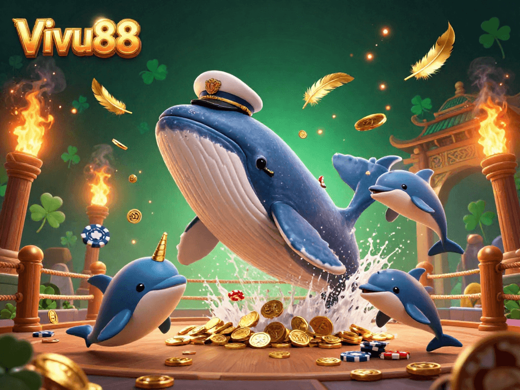 Experience thrilling bets with Vivu88 as you watch a cartoon whale and friends play in a sea of coins.