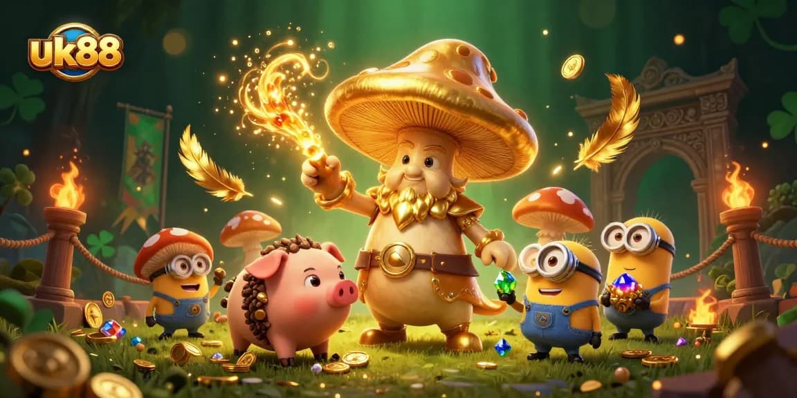 Join uk88 in an enchanting casino scene with a golden mushroom wizard and treasure-seeking companions.
