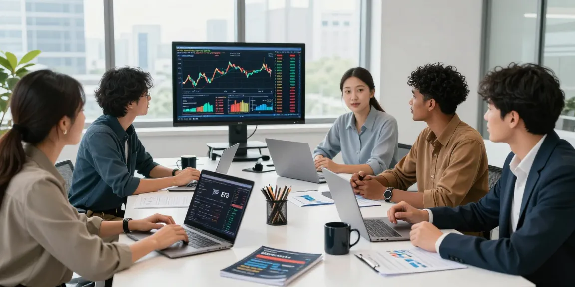 ETF investment discussion among professionals in a sleek office, showcasing market insights.