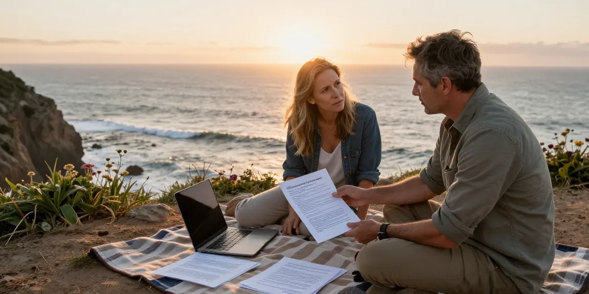 Couple discussing effective strategies on how to get rid of a timeshare with legal documents outdoors.