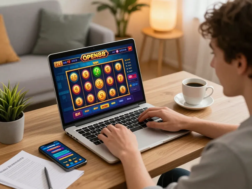 Person engaging with the OPEN88 online casino, enjoying immersive slot gameplay on a cozy laptop setup.