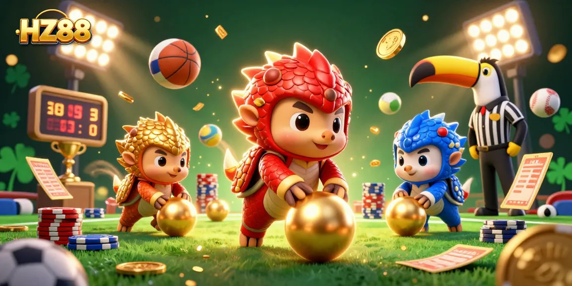 Experience dynamic sports gaming action with HZ88 as colorful pangolins roll through golden poker chips.