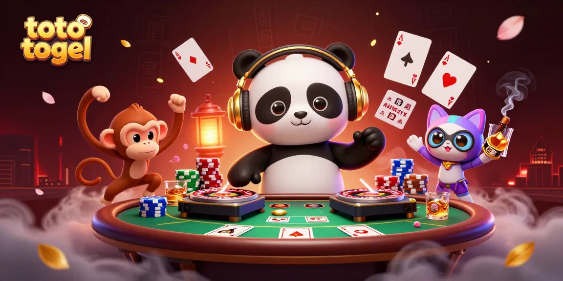 Toto togel-themed illustration with DJ panda, breakdancing monkey, and glow-stick kitten amidst vibrant gambling elements.