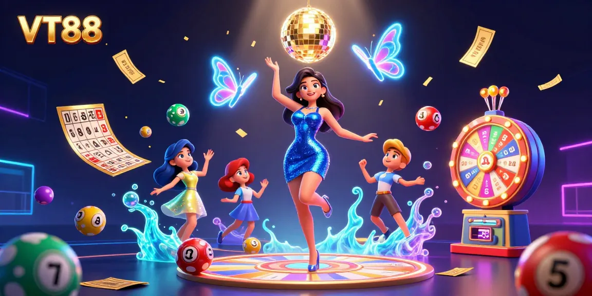 VT88 engages in thrilling lottery games amidst a vibrant 3D casino scene filled with dynamic elements.