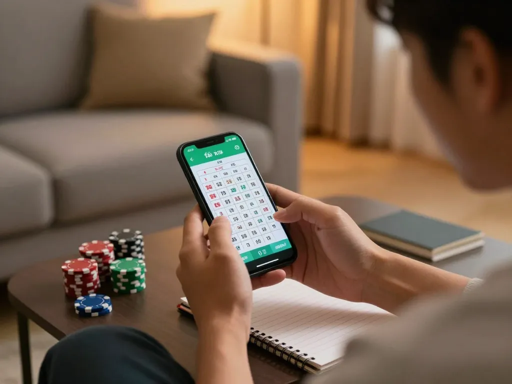 Engaging in app tài xỉu online play with smartphone, cozy home atmosphere, capturing strategic gaming moments