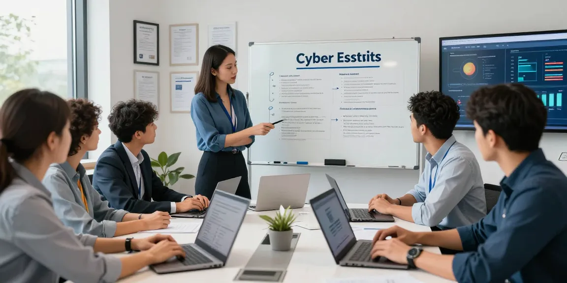 Team collaborating on cyber essentials accreditation process in modern office