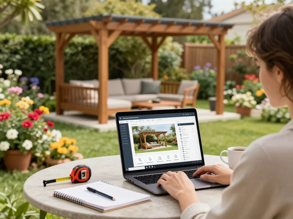 Customer using pergola configurator software in a vibrant backyard setting, visualizing custom designs with tools around.