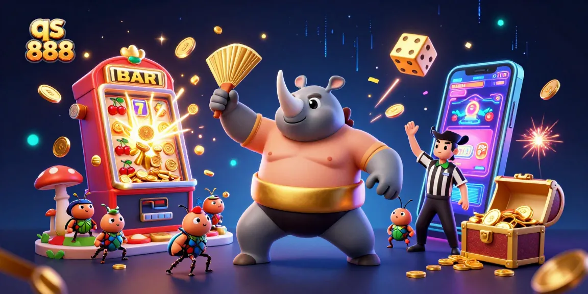 Experience the excitement of qs 888 as the sumo champion beetle stomps to release coins in a vibrant casino scene.