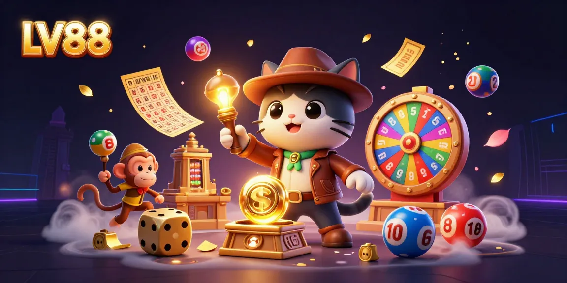 Experience the excitement of LV88 with a vibrant illustration showcasing dynamic lottery elements and casino adventure themes.