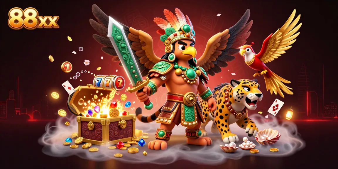 Engage with thrilling games at 88 xx, featuring Aztec warriors and rich casino elements in an enchanting 3D scene.