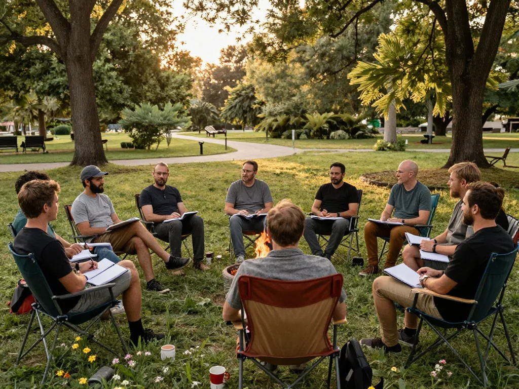 Men gathered in a park for a man club meeting, sharing stories and creating connections in a supportive atmosphere.
