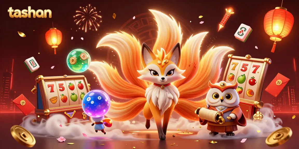 Tashan-themed casino illustration showcasing a colorful nine-tailed fox, slot reels, and festive decorations, embodying luck and excitement.