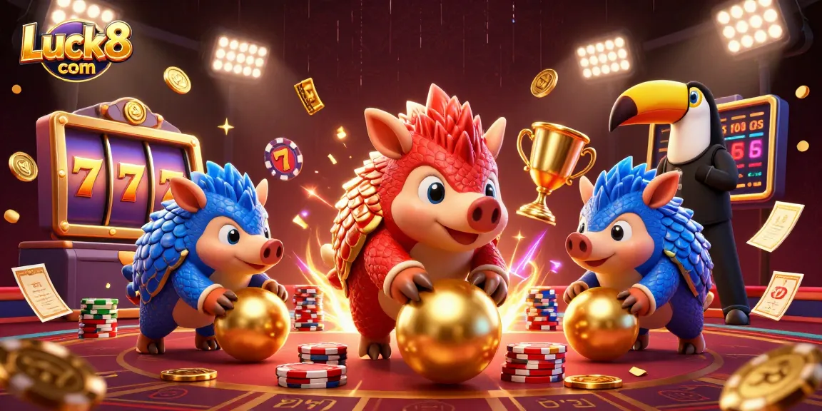 Luck8 com showcases thrilling slot game action with cartoon pangolins, poker chips, and vibrant casino elements.