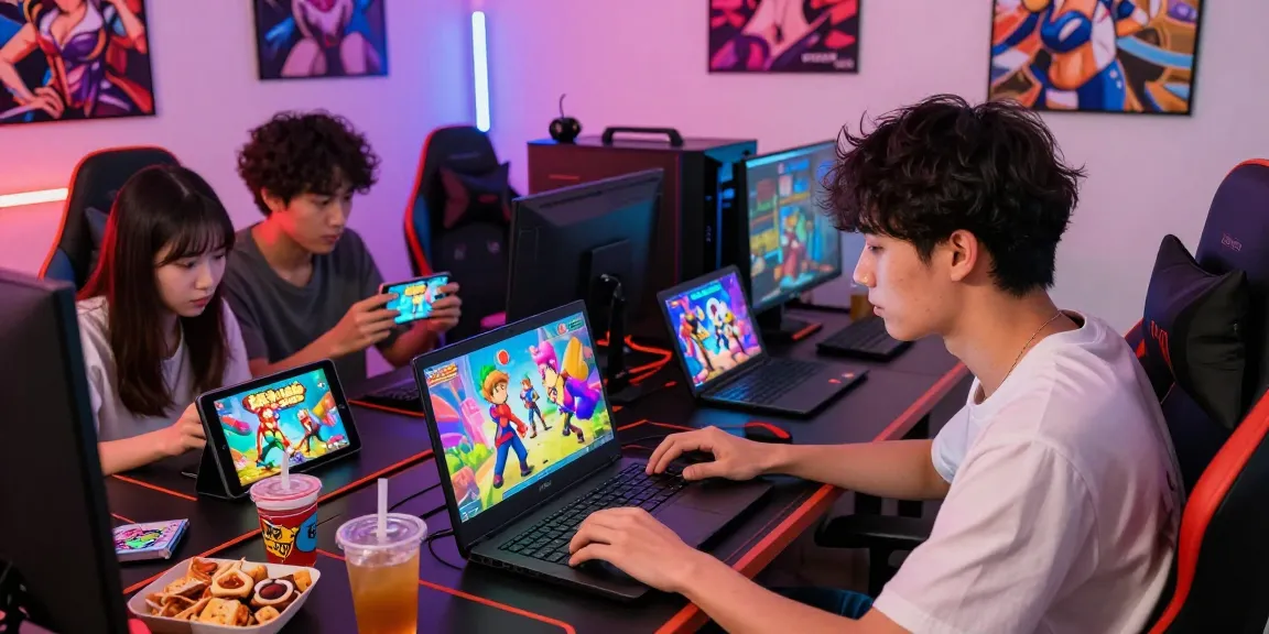 Engaged players enjoying colorful hentai games on laptop and tablet in a vibrant gaming setup.