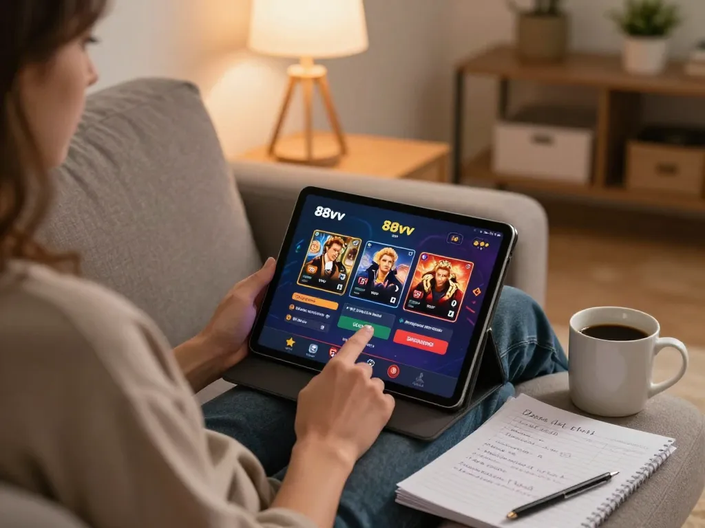 Person engaged in 88vv online gaming on tablet in cozy living space.