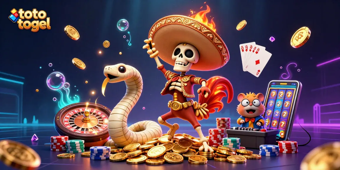 Toto togel winning excitement captured in vibrant 3D illustration with characters amidst casino elements.