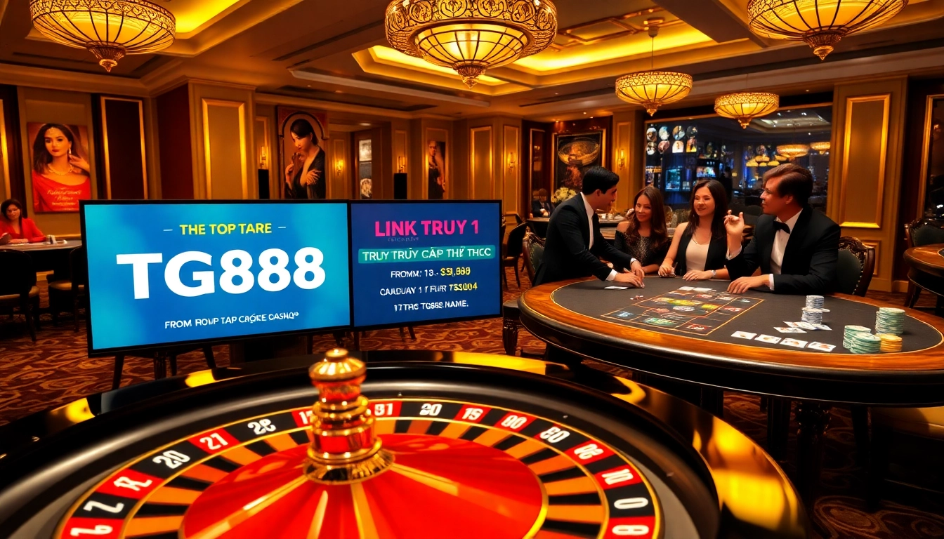 Experience luxury gambling at https://tg88.name with an elegant casino scene featuring roulette and poker.