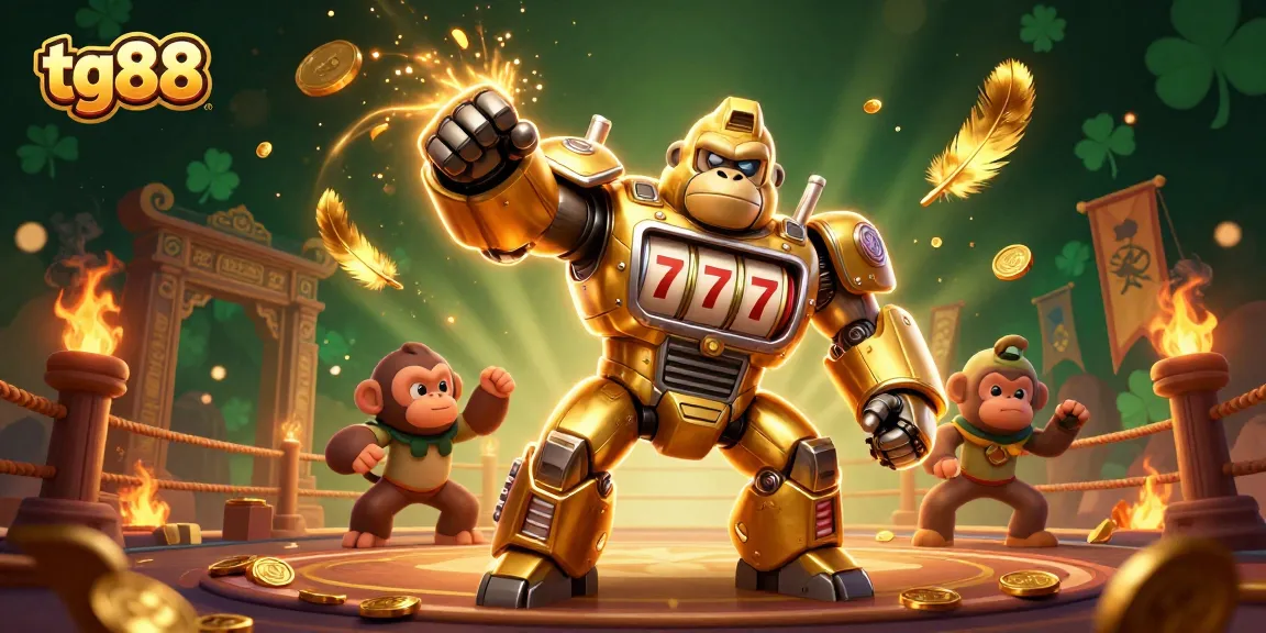 Experience thrilling action with tg88's golden gorilla mech unleashing coins in a vibrant casino landscape.