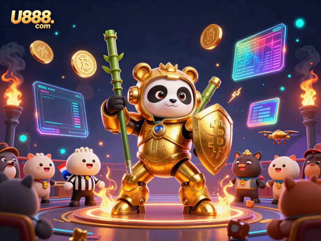 Experience dynamic gaming action at U888. com with a vibrant 3D panda robot scene.