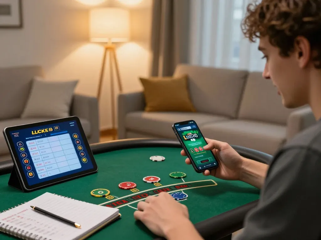 Player enjoying LUCK8 casino app on smartphone in cozy living room setting