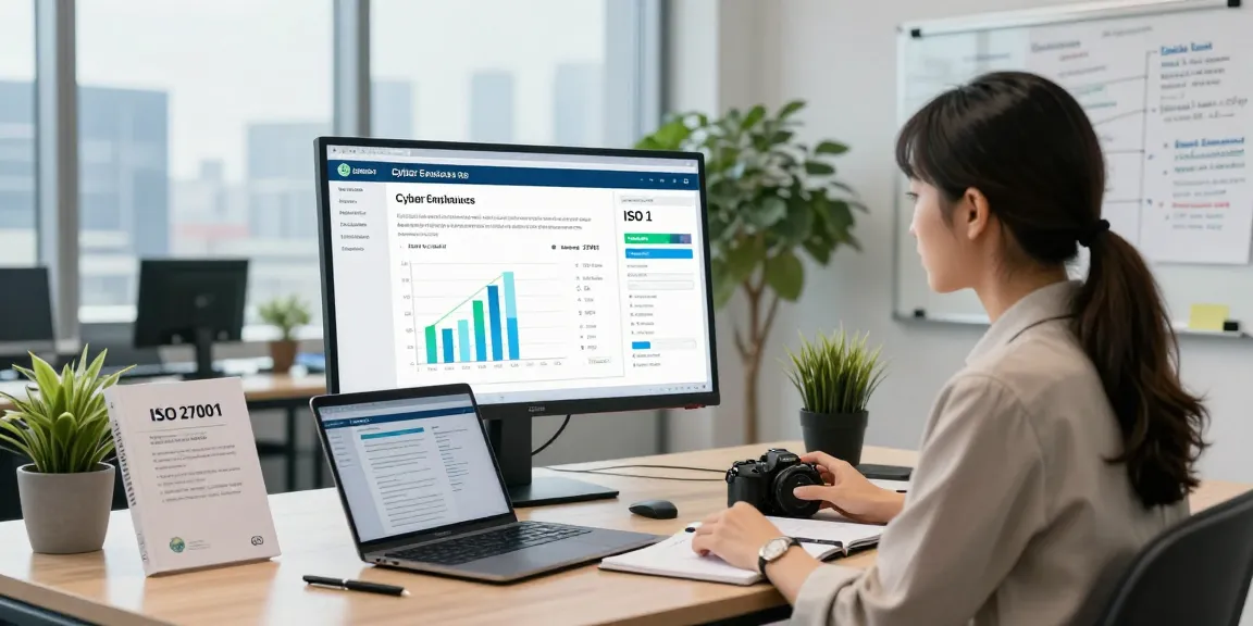 cyber essentials vs iso 27001 comparison in a modern cybersecurity workspace with compliance manager analyzing digital dashboard