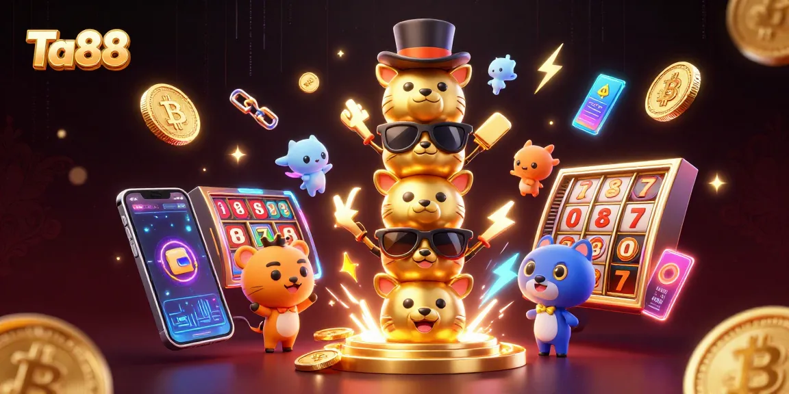 Play at Ta88 with vibrant 3D casino-themed art featuring colorful characters and crypto elements.