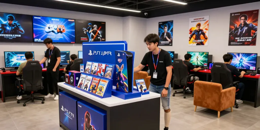 Exciting gaming store interaction featuring rokok88 merchandise and enthusiastic customers.