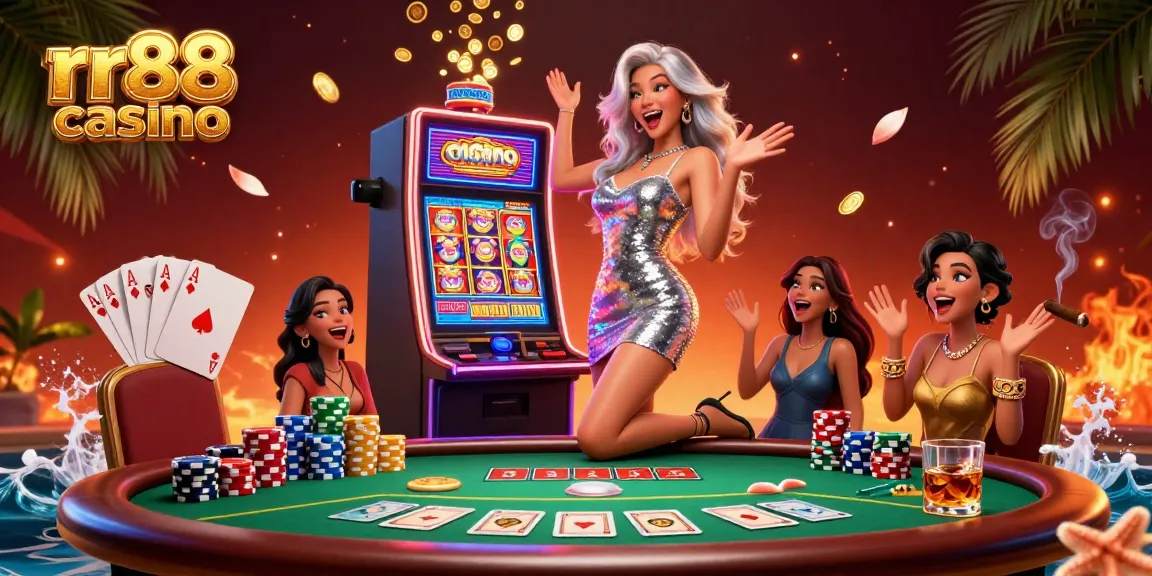 Join the excitement at rr88 casino with a lucky player celebrating a jackpot win amidst vibrant gaming elements.