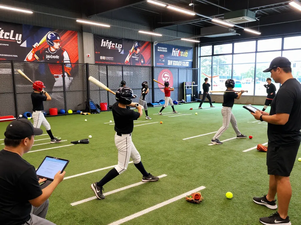 Youth athletes training at HitClub baseball facility, focusing on hitting drills with coaching support and modern equipment.