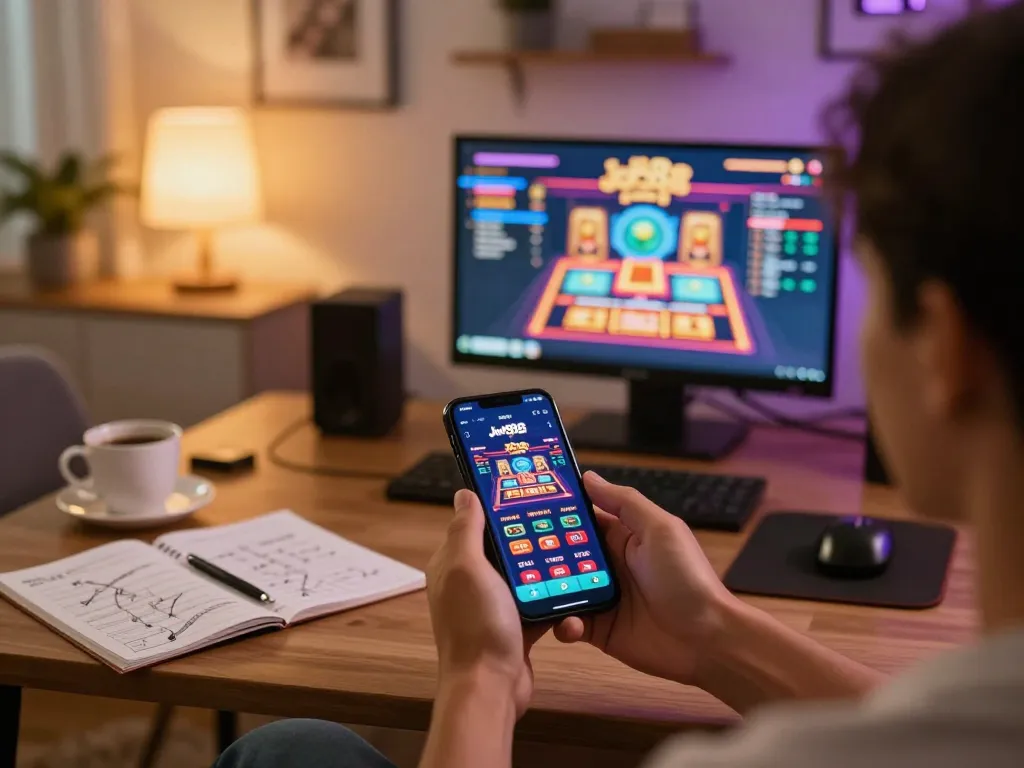 Engaging gameplay on jun88pizza app with a user holding a smartphone in a cozy setting
