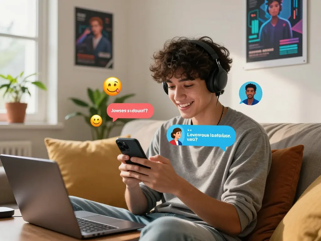 Engaging chat scene showing a crush on AI character interaction via smartphone in a cozy room