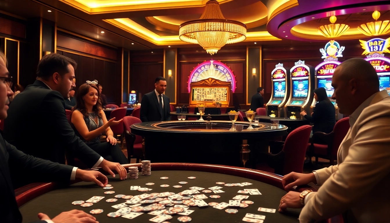 Engaging in a high-stakes poker game at km88 casino with glamorous settings and vibrant roulette wheel.