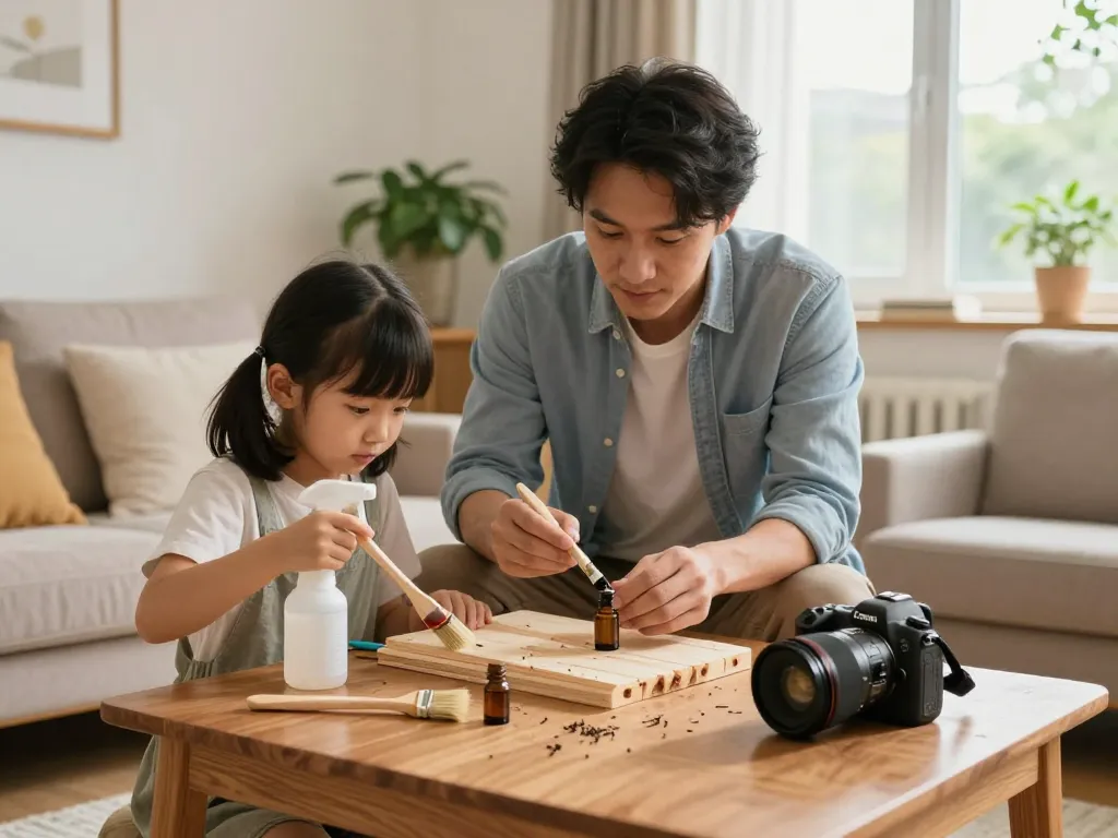 Una famiglia che lavora attivamente insieme per affrontare i tarli del legno come eliminarli in un accogliente ambiente domestico, utilizzando rimedi naturali.