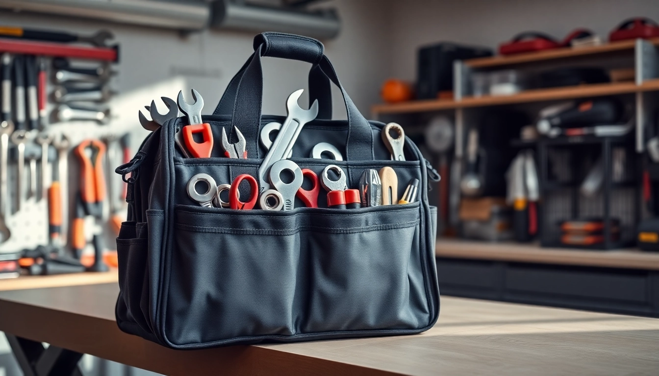 Borsa porta attrezzi professionale piena di attrezzi in un laboratorio ordinato.