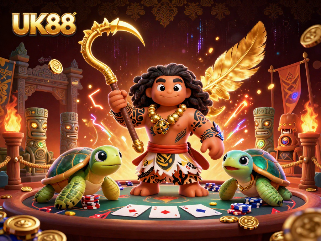 Engage in thrilling casino gameplay at UK88 with a dynamic cartoon scene illustrating poker excitement.