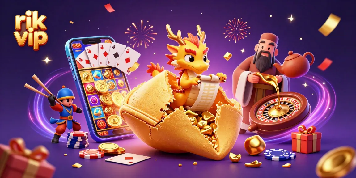 Engage with rik vip's thrilling 3D scene showcasing vibrant gaming elements and animated fortune characters.